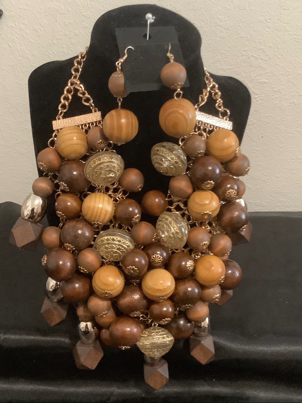 Statement Chunky Wood Bead Necklace and Earring Set in Brown and Gold